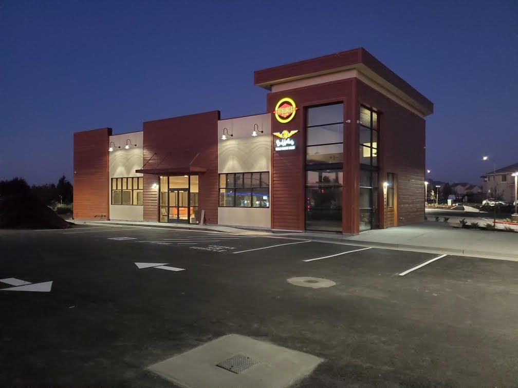 Finished restaurant and customer lot at dusk