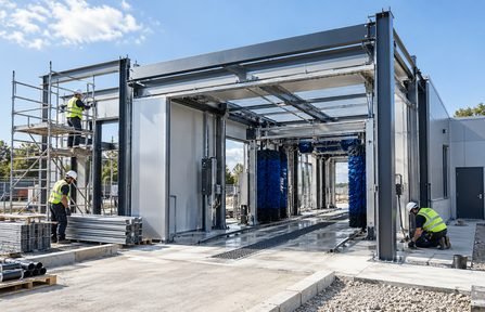 Car wash tunnel structure being built and fitted out