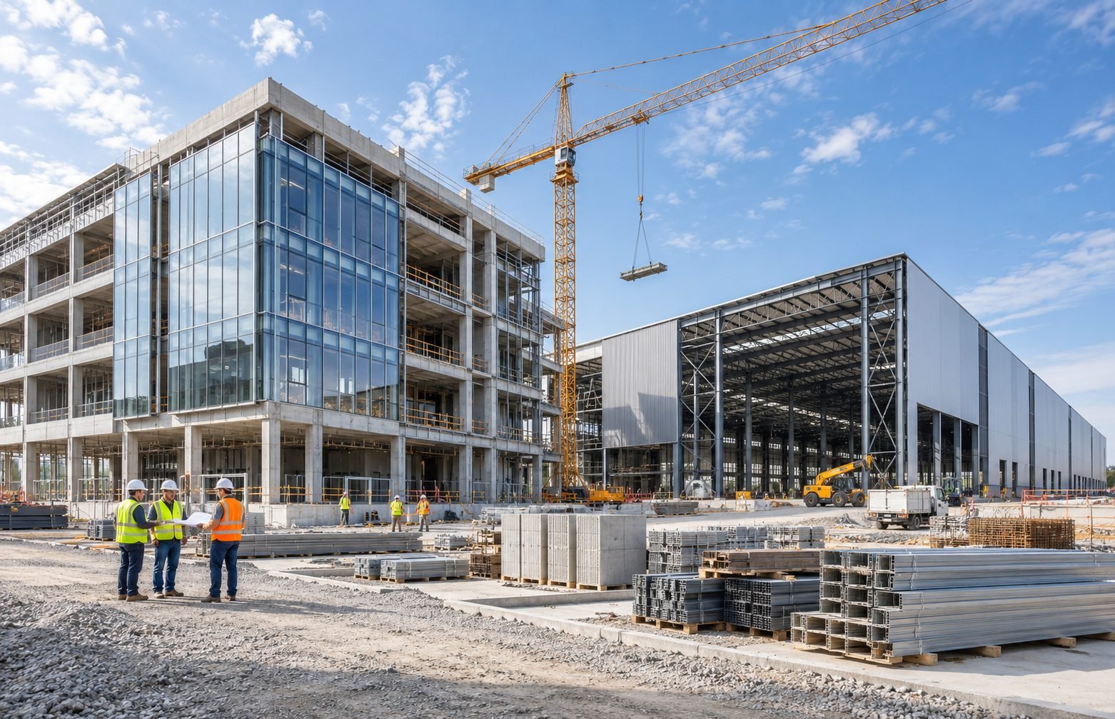 Commercial office block and warehouse under construction with a tower crane