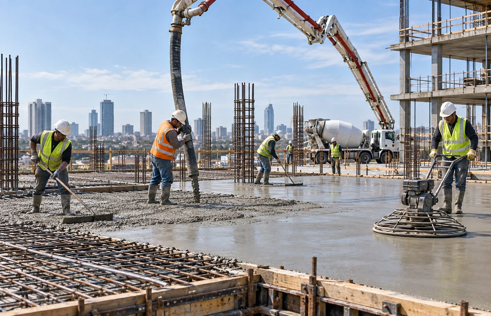 Crew placing and finishing a reinforced concrete deck