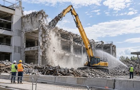 High reach excavator bringing down a concrete building