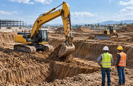 Excavator digging a foundation while the crew looks on