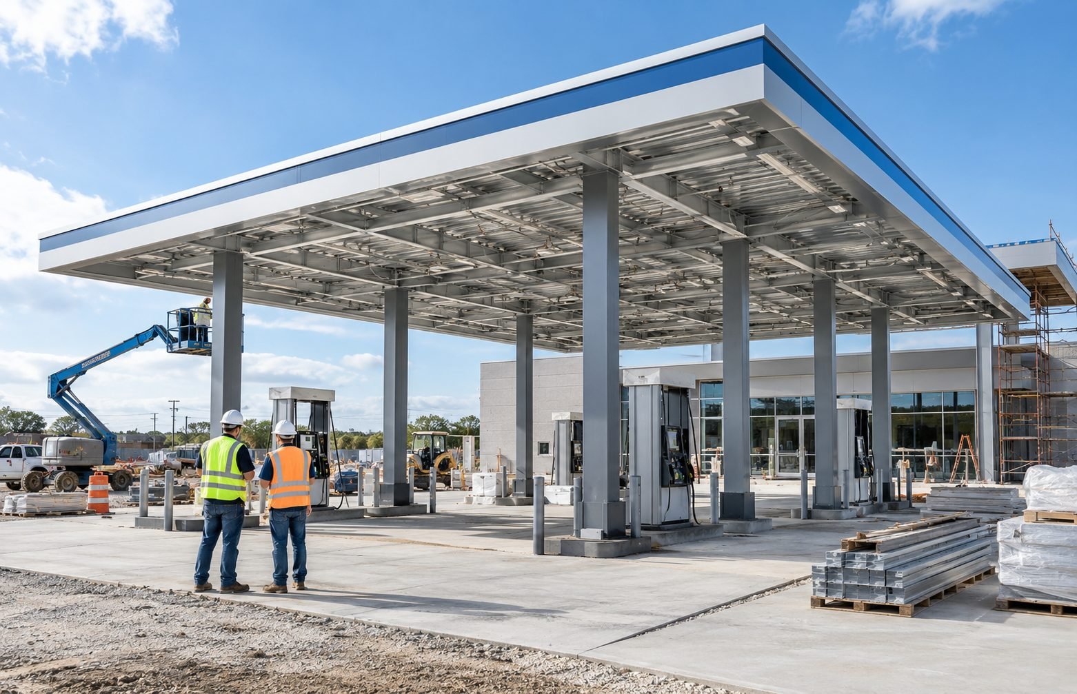 New fuel canopy and forecourt going up on a gas station build