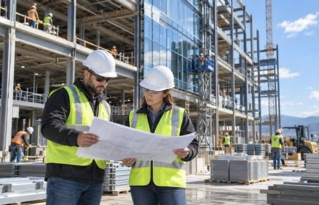 Project managers reviewing drawings in front of a steel frame build