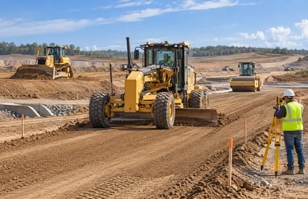 Motor grader and dozers cutting a roadway to grade