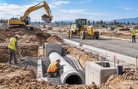 Crew laying storm drainage pipe during sitework and civil construction