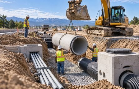 Crew setting storm pipe, conduit and precast structures